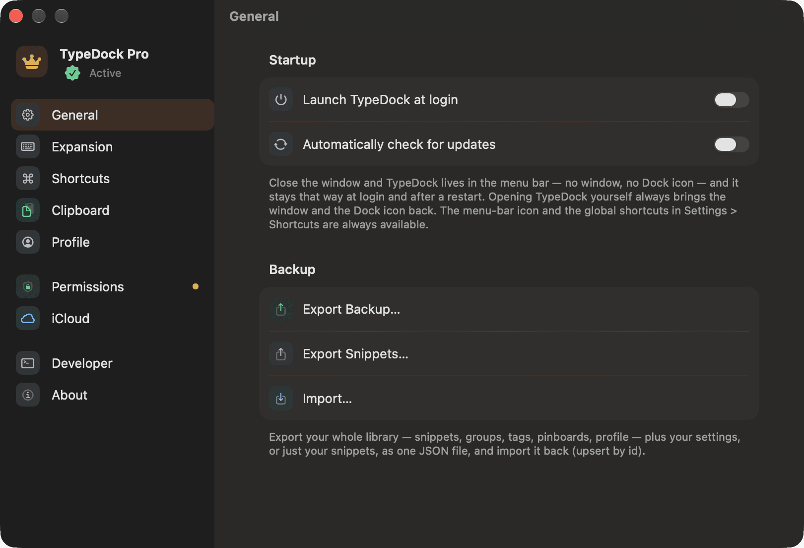 TypeDock's Settings on macOS — the sidebar lists Permissions and iCloud panes, and the Backup section exports your whole library as one JSON file