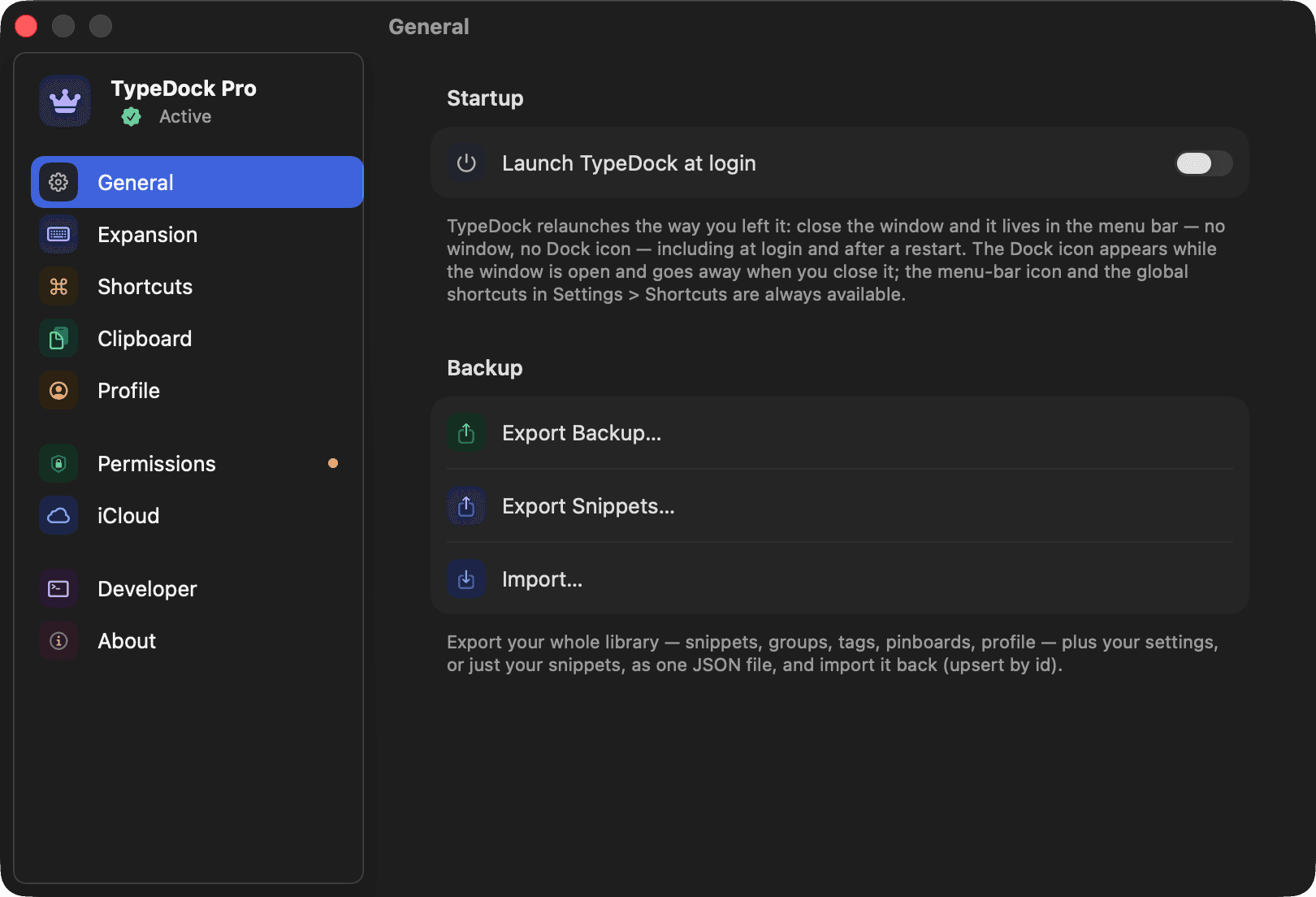 TypeDock's Settings on macOS — the sidebar lists Permissions and iCloud panes, and the Backup section exports your whole library as one JSON file